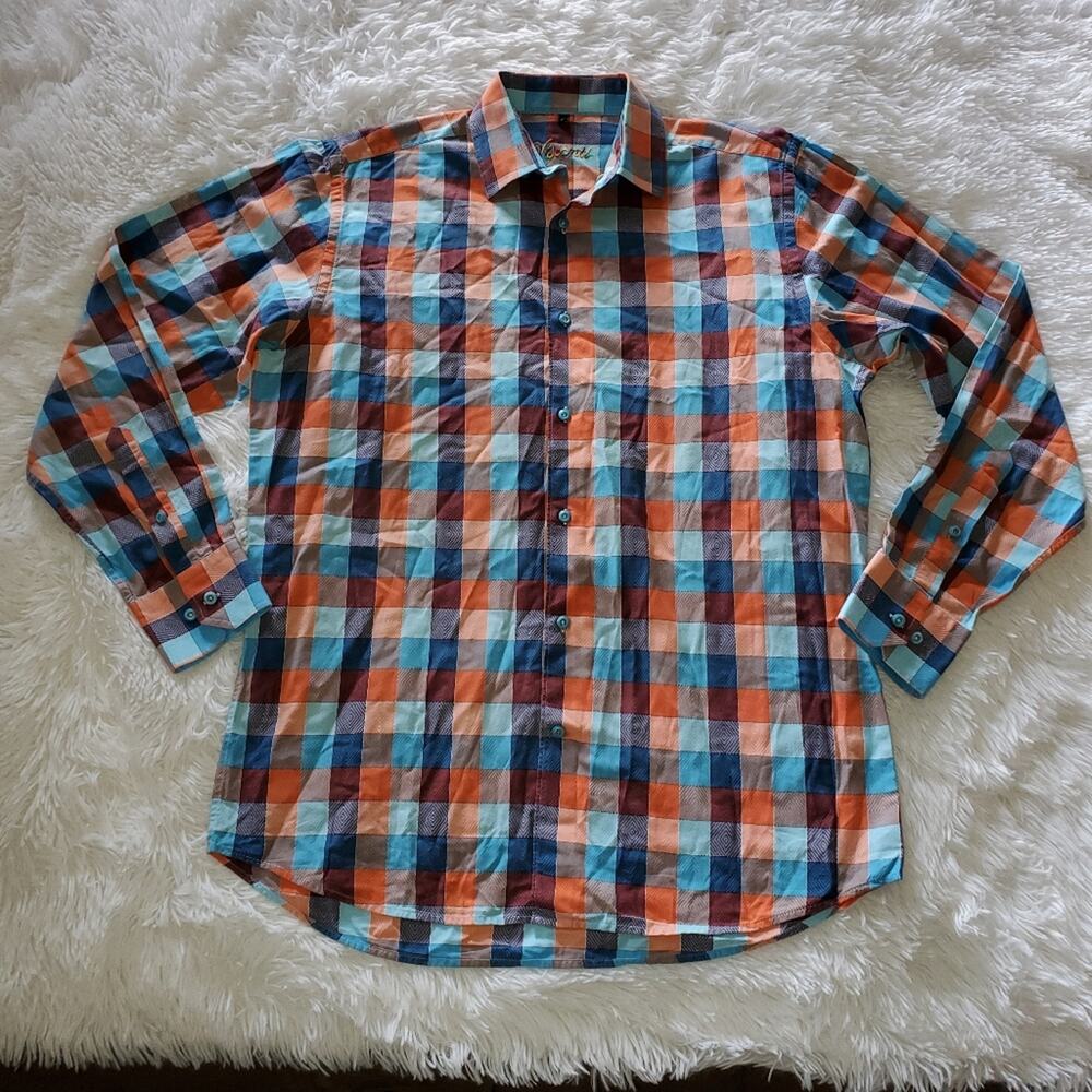 Visconti Shades of Orange, Blue, and Burgundy Long-sleeved Button-down Medium